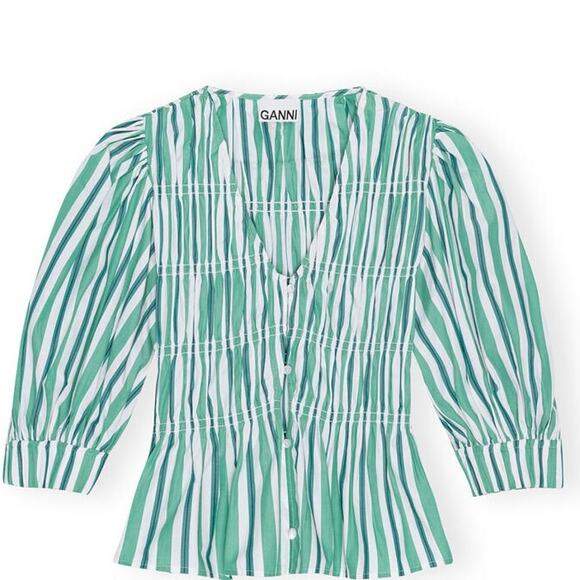 GANNI Green Striped V-Neck Fitted Blouse Size 36 - Picture 6 of 11